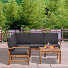 Aosom Outsunny 6 Piece Acacia Wood Sectional Sofa Outdoor Patio Furniture Set with Cushions Grey